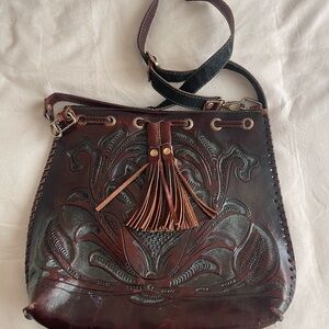 Handcrafted Brown Tooled Leather Tassel Crossbody Bag